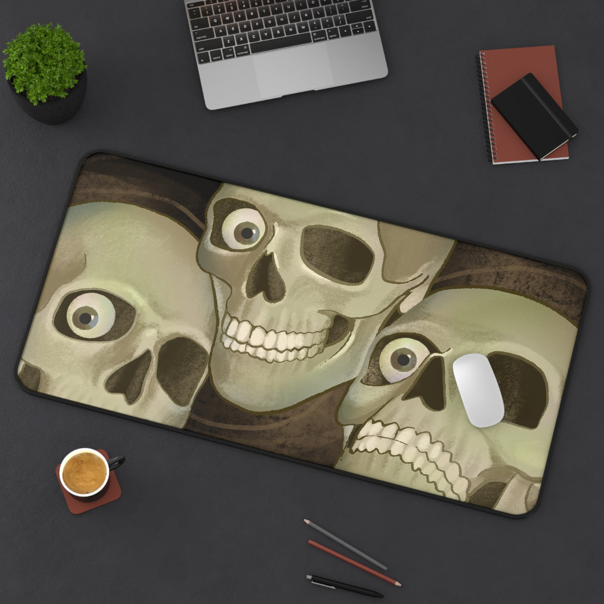 Soda Skull Trio Desk Mat — Spooky Gothic Skull Mouse Pad for Cool People