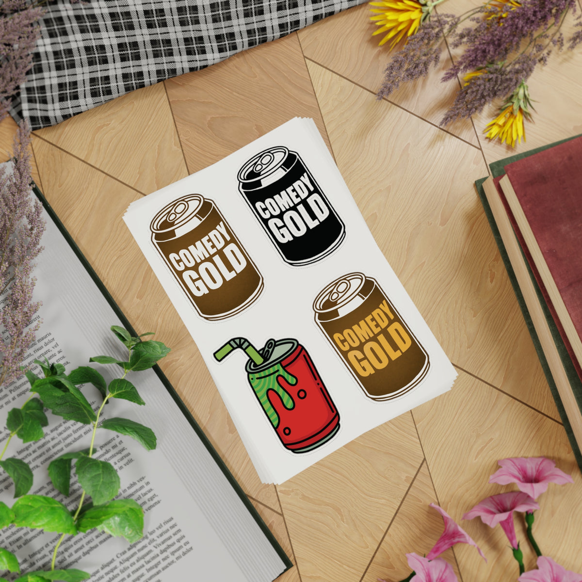 Comedy Gold Soda Can Sticker Sheet — 5-Piece Holographic Drink Stickers