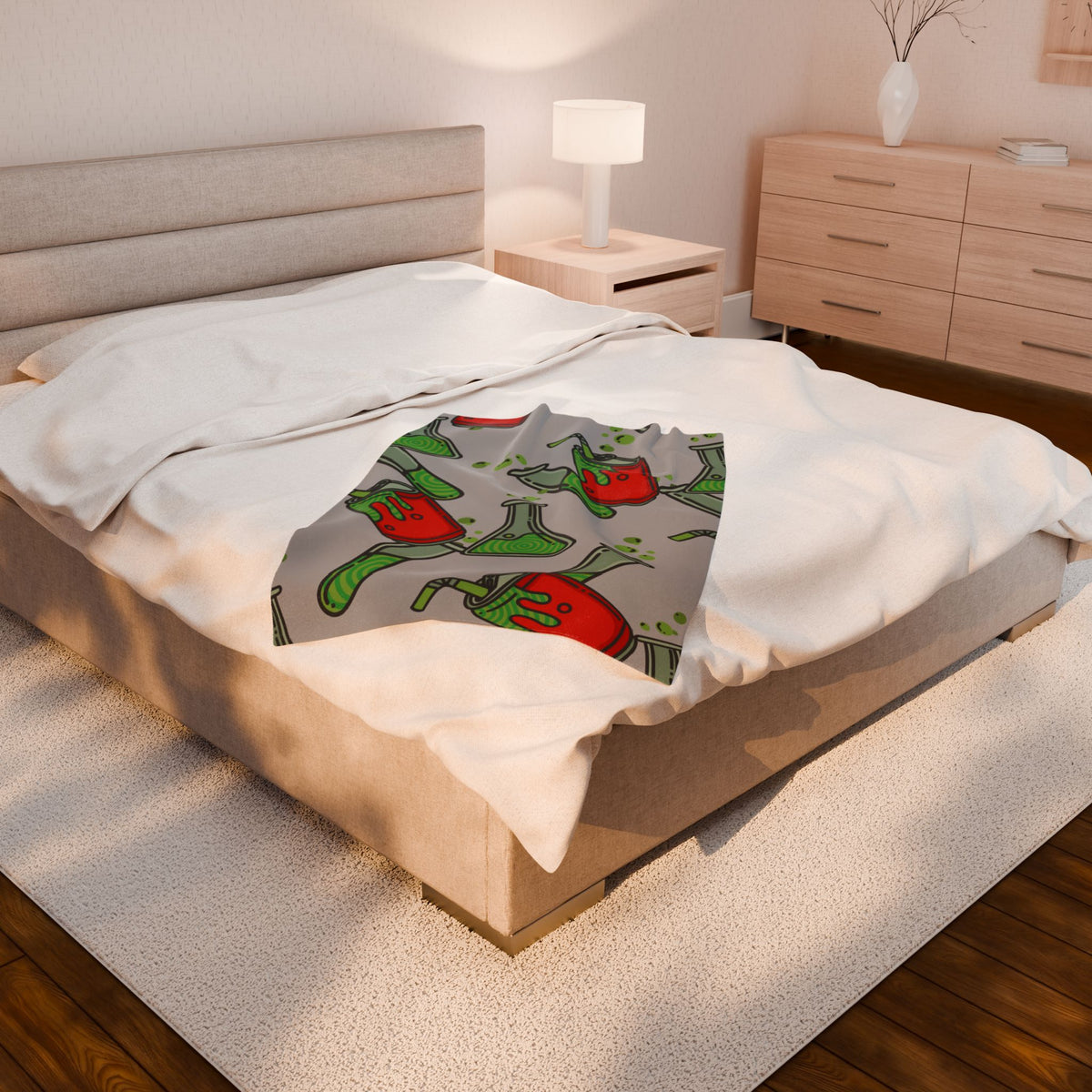 Science Potion Pattern Velveteen Plush Blanket – Cute Green & Red Beakers Throw for Kids, Teens & Science Lovers