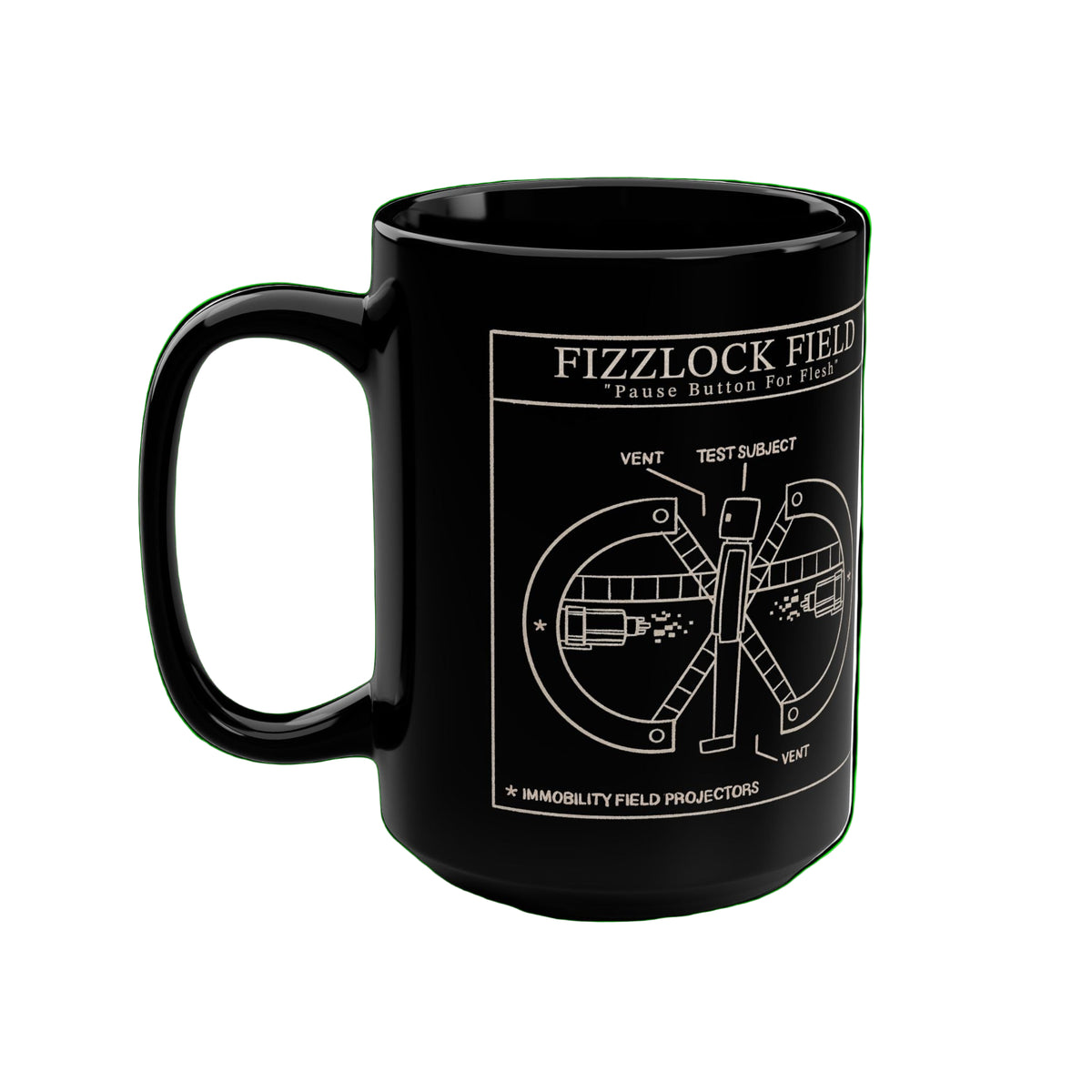 Black mug with white chalk schematic design on a black background