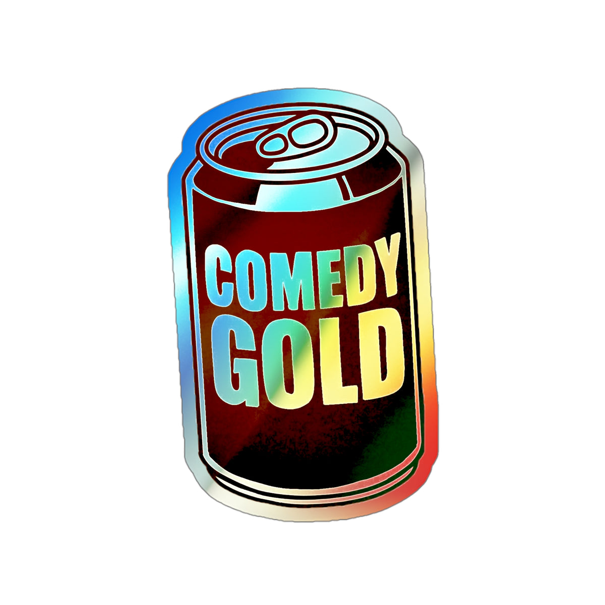 Comedy Gold Holographic Die-Cut Sticker — Iridescent Soda Can Accent