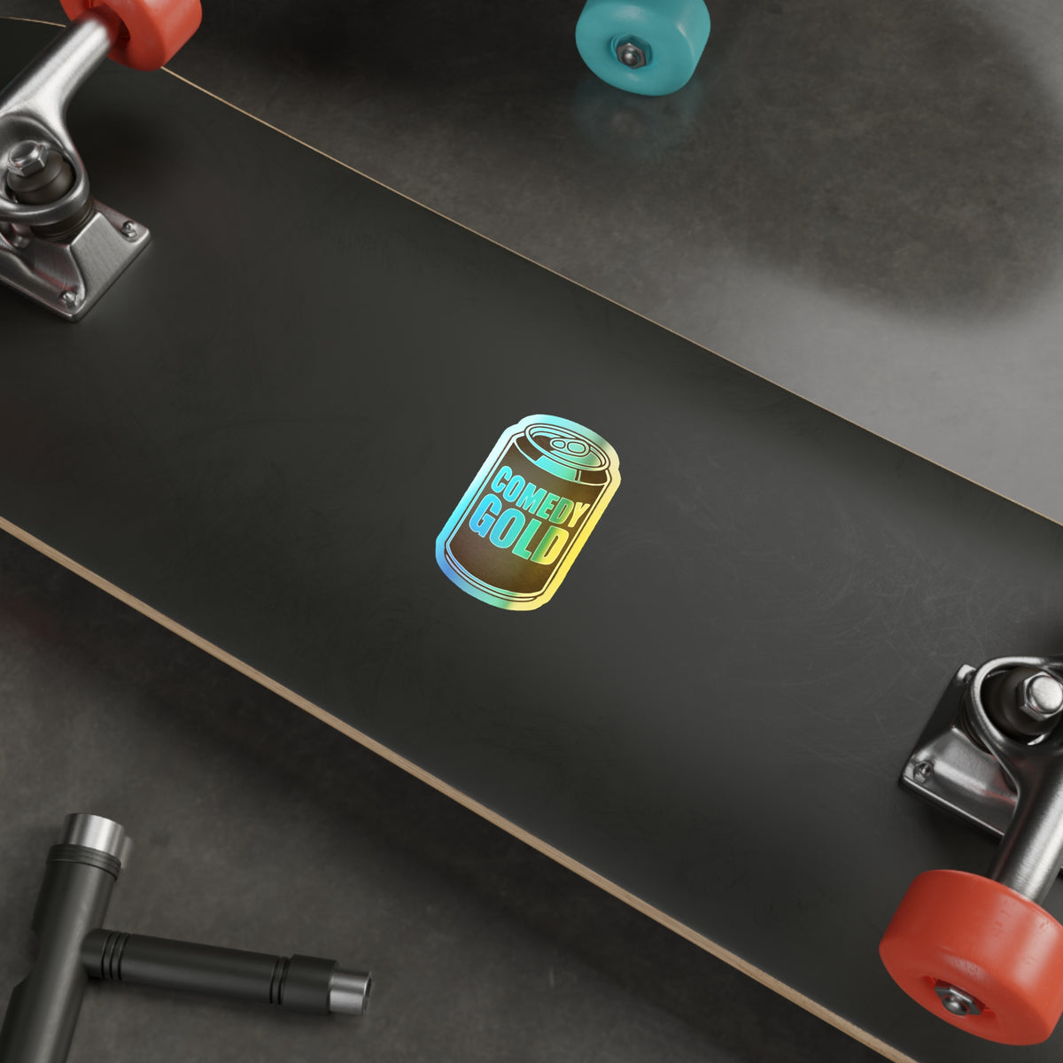 Comedy Gold Holographic Die-Cut Sticker — Iridescent Soda Can Accent