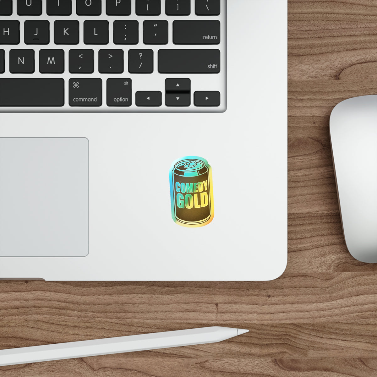 Comedy Gold Holographic Die-Cut Sticker — Iridescent Soda Can Accent